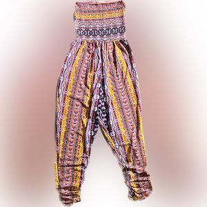Multicolored Bohemian strapless tube top jumpsuit with gathered ankle Size Small